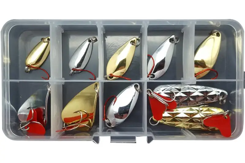 10pcs spoon Набор рыболовных приманок Смешанная Ложка VIB комплект с блестками плоскогубцы в коробке Гольян Поппер кренкбейт Твердая Приманка Мягкая приманка ER023 - Цвет: 10pcs spoon