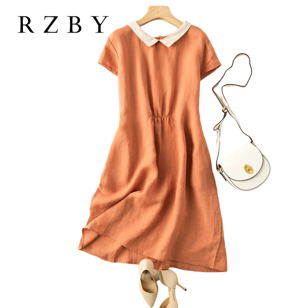 

Женское платье-трапеция до колена, однотонное хлопково-льняное платье до середины икры с коротким рукавом, модель RZBY843 в Корейском стиле на ...