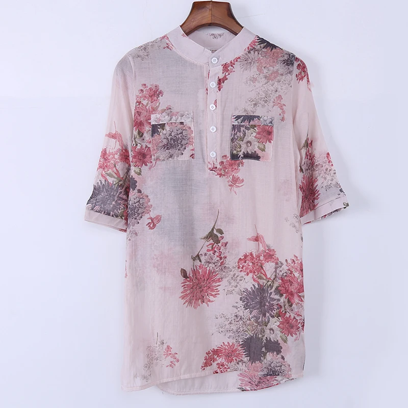 Рубашки из хлопка и льна винтажные женские блузки с цветочным принтом