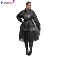 haoohu pu leather mesh splicing trench coat for women long sleeve outwear elegant oversized loose coats and jackets