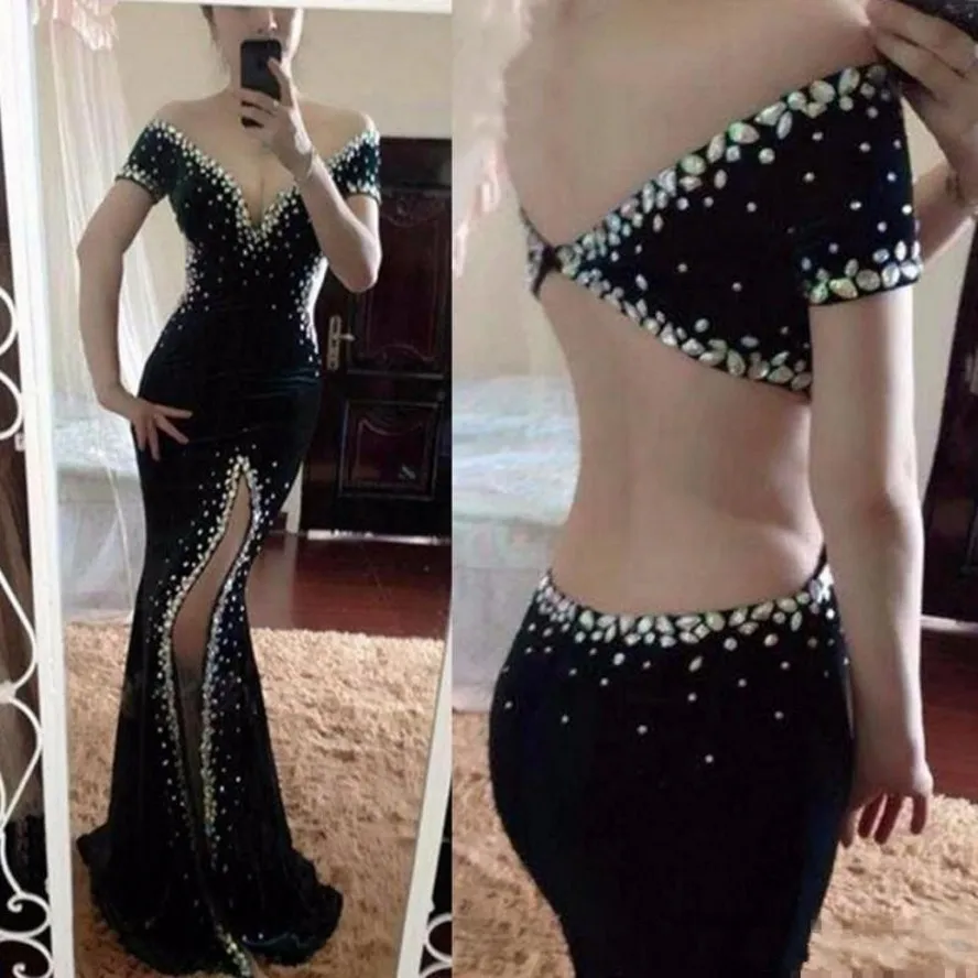 

robe de soriee Sexy Black Mermaid Prom Dresses Off The Shoulder Crystals Dubai Cut Side Split Formal Evening Pageant Gowns 2020