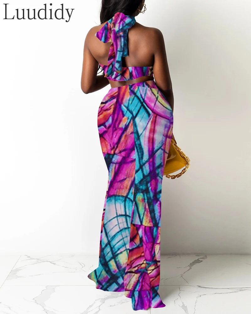 

Women Sexy Print Strapless Crop Top & High Waist Mermaid Skirt Set
