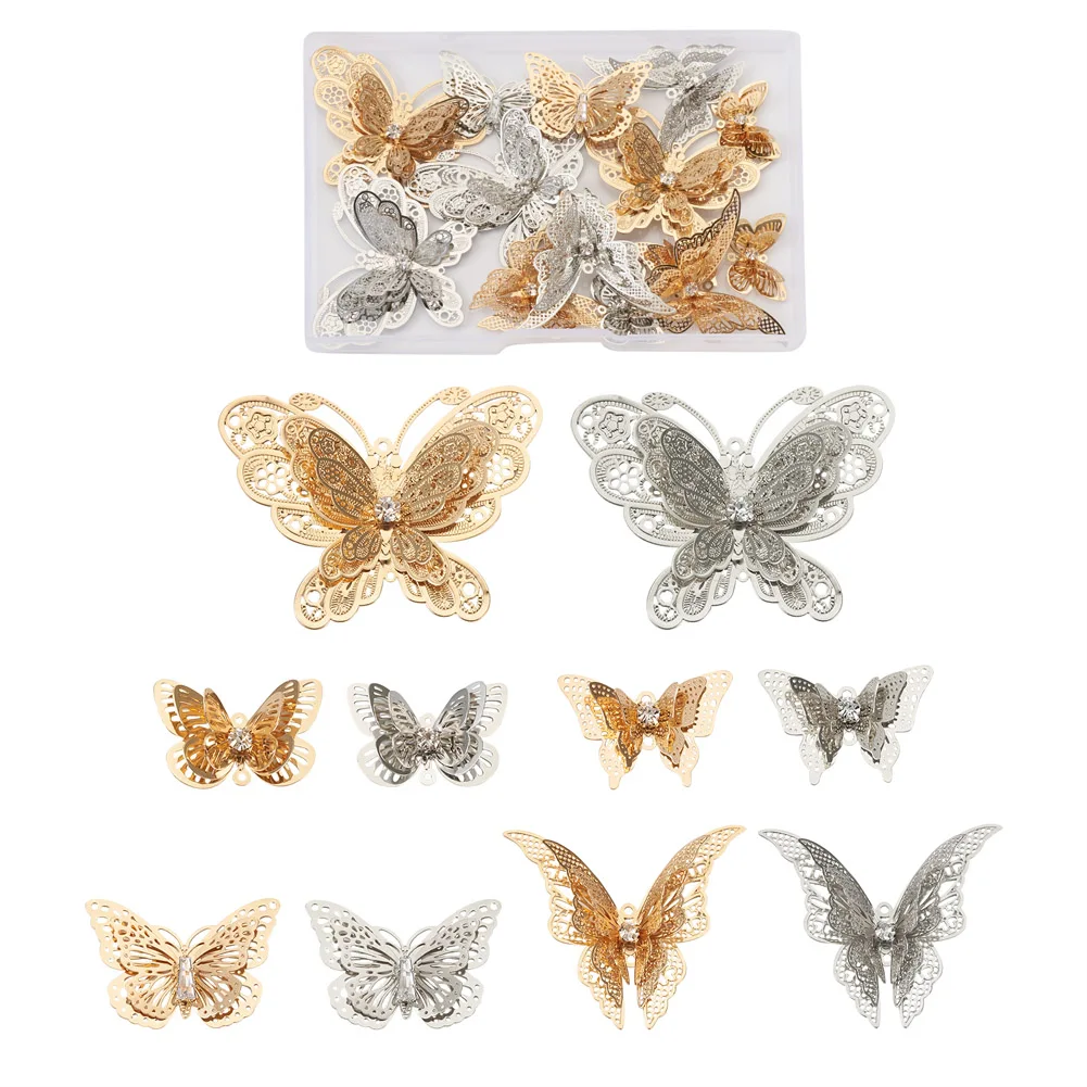 20 шт латунные полые бабочки филигранные подвески звенья соединители с кристаллами Стразы для ожерелья DIY Изготовление ювелирных изделий