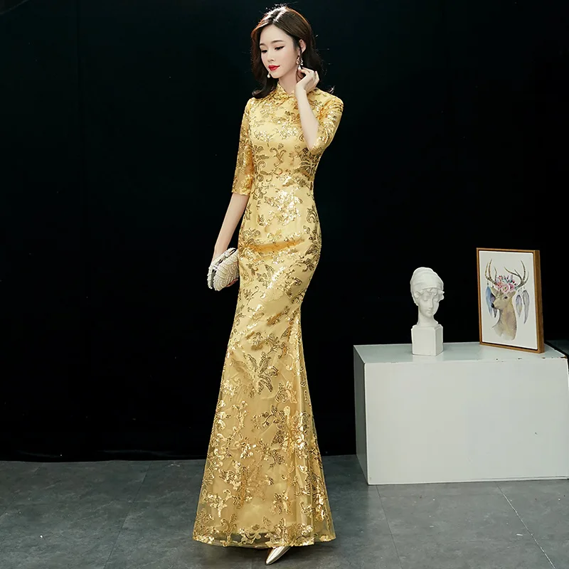 Женское кружевное платье-Ципао элегантное винтажное платье с блестками и Ципао