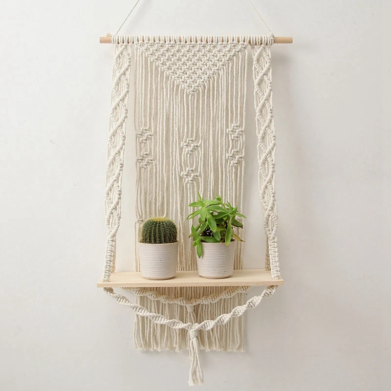 Boho Plant Holder Macrame Shelf Tapestry Wall Hanging Rack Bohemian Decor Hand-Woven Shelves Wooden Planter Basket | Дом и сад