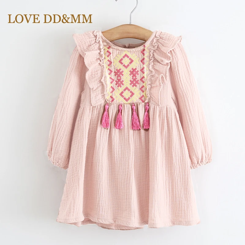 Одежда для девочек с надписью «LOVE DD& MM»; платья; коллекция года; сезон весна; модное платье с длинными рукавами с вышивкой и бахромой для девочек; детская одежда - Цвет: Розовый
