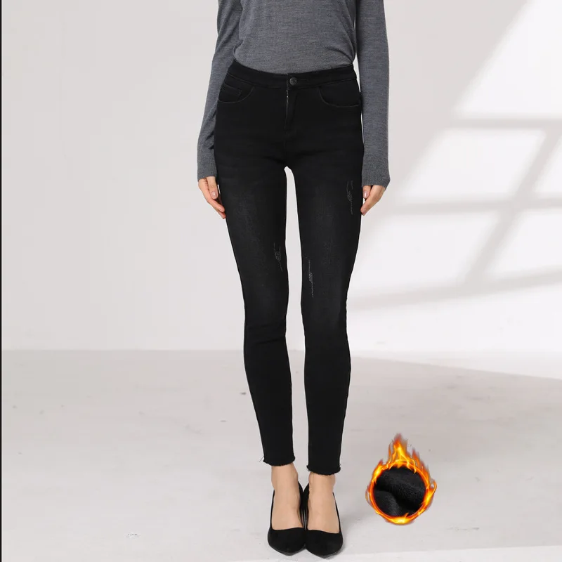 Зимние Джинсы женские Корейская Высокая талия плюс бархатные облегающие джинсы