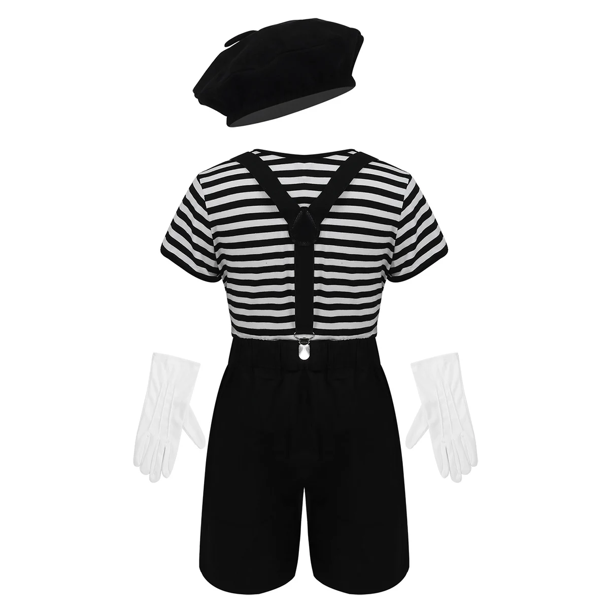 Kid Boys Girls French Mime Artist Fancy Dress Costume Unisex Striped T-Shirt Beret Gloves Suspenders Halloween Cosplay Outfit |