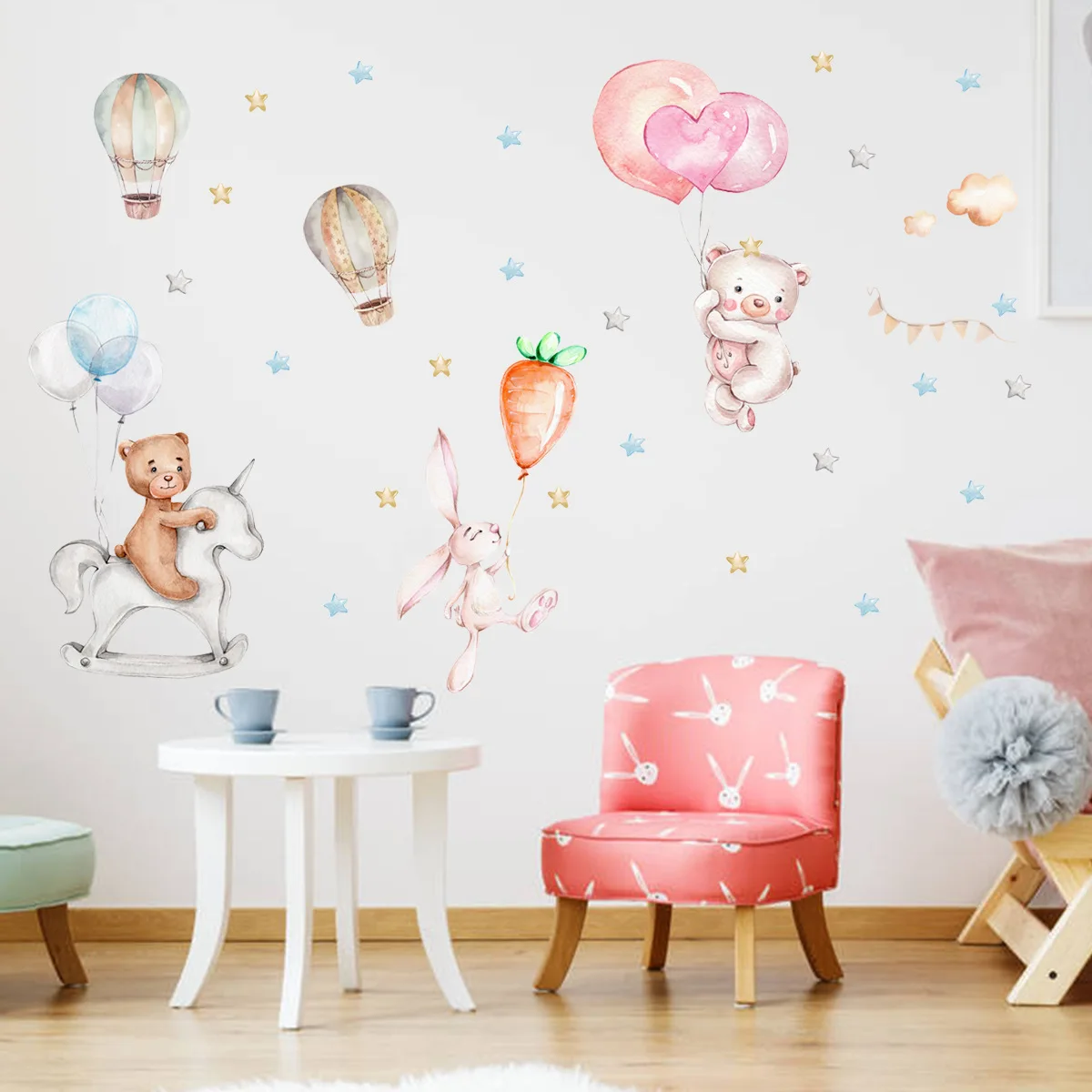 

Hand Painted Playful Rabbit Bear Wall Stickers for Children Kids rooms Bedroom Wall Decor Hot air balloon Wall Sticker Decals