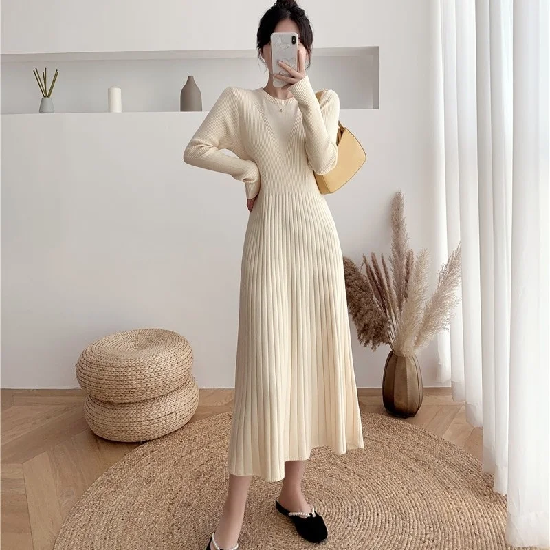 Осенне-зимнее шерстяное женское белое длинное вязаное хлопковое платье-свитер