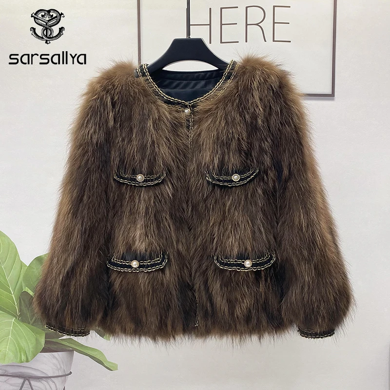 Зимняя Куртка Женская Натуральный Мех ЕнотКруглая Воротник ПальтоПарка С