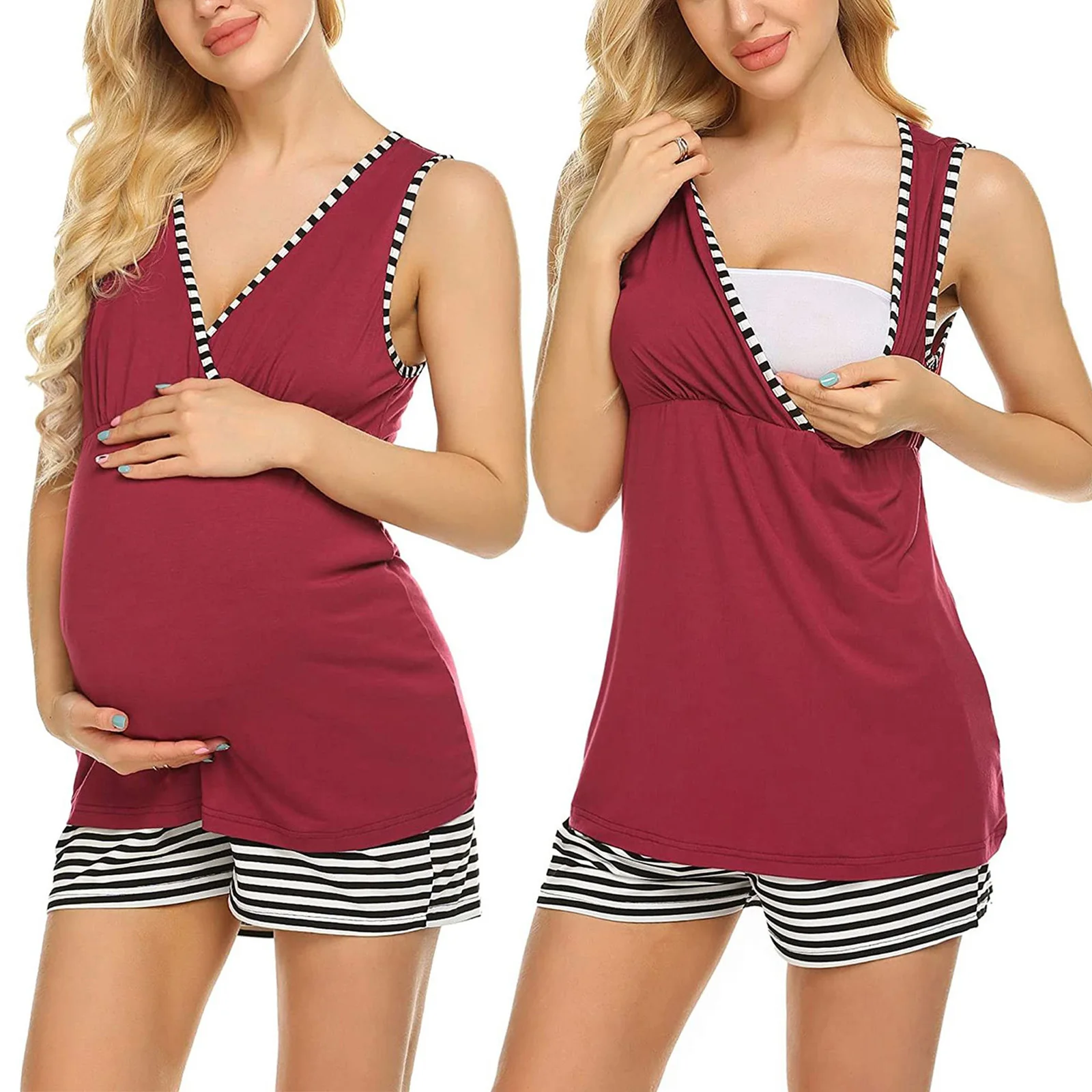 Maternity Nightwear Pregnant Women Casual Clothes Set Sleeveless V-Neck Shirt Tops Shorts Set Pyjamas for Nursing Breastfeeding