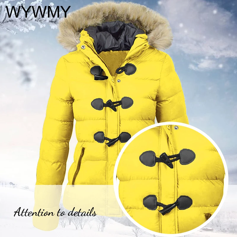 WYWMY Winter Snow Coat Women Parkas Casual Fur Collar Horn Buckle Parkas Cotton Solid Jacket Female Hooded Coats Warm Clothes