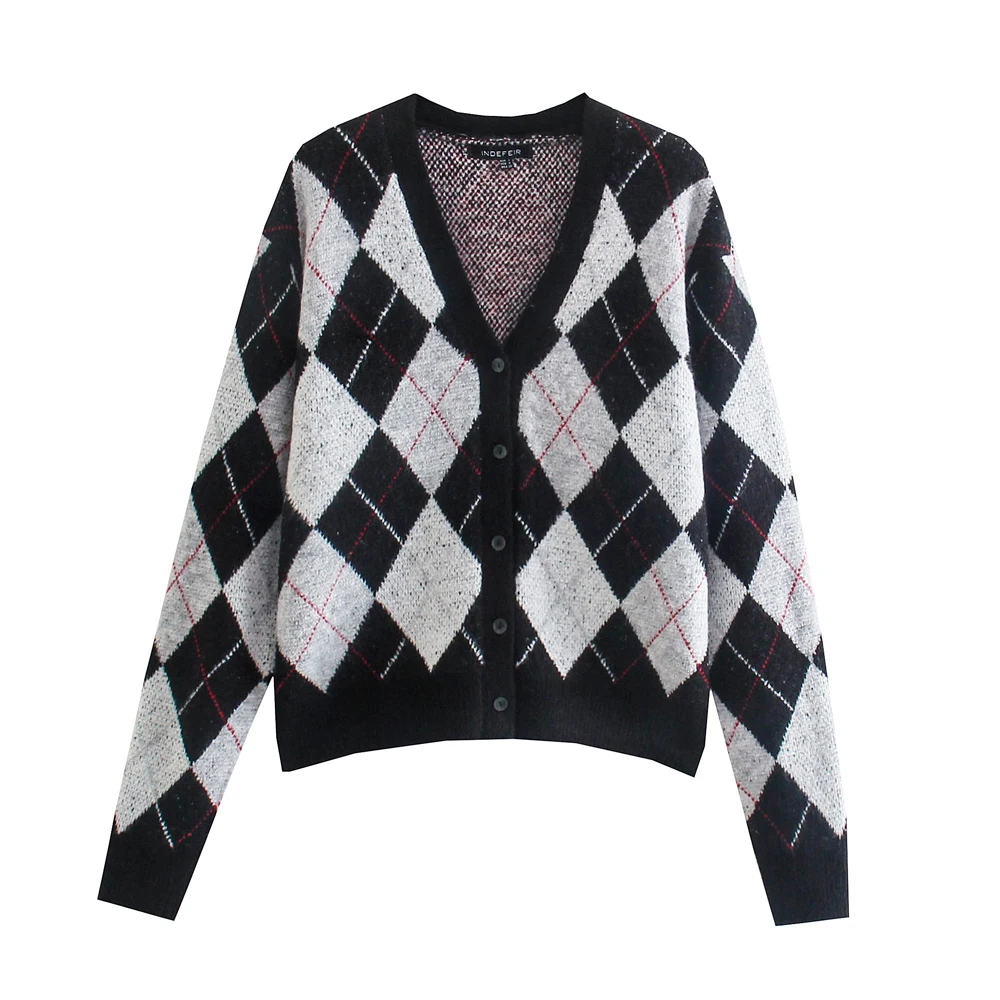 

2021 Women fashion with ribbed trims argyle cardigan sweater vintage long sleeve button-up female outerwear chic tops knitwear