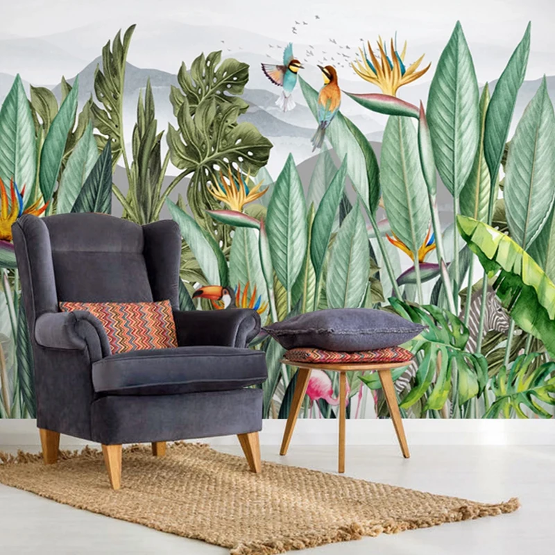

Custom Wallpapers 6m Width Hand-painted Import Tropical Plants 3d Wall Mural Flowers And Birds Wallpaper Design