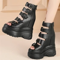 open toe platform pumps women genuine leather wedges high heel gladiators sandals female ankle straps summer fashion sneakers