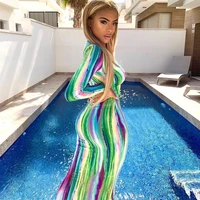 2021 long sleeve colorful print v neck bodycon long dress spring women new fashion streetwear party elegant outfits