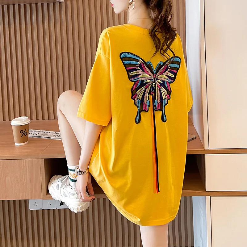 

2022 Summer New Loose Slimming Simple Black Embroidered Short Sleeve T-shirt Dress Casual O-neck Cotton Women Tops Free Shipping