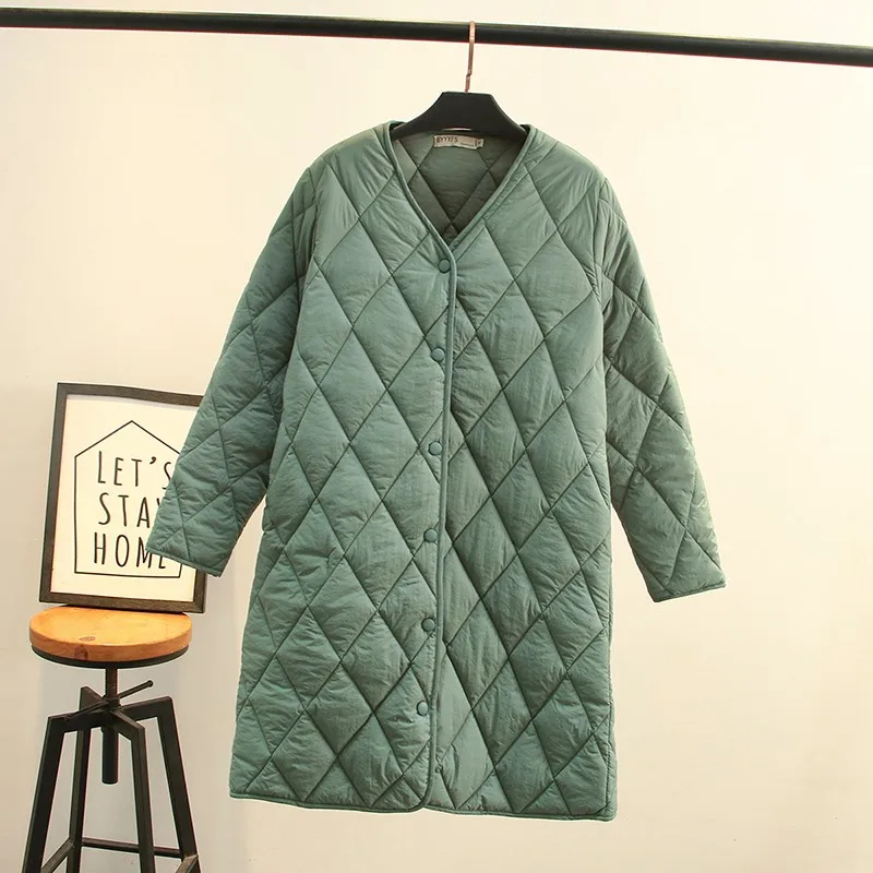 Fashion Argyle V Neck Bottoming Parkas Women Elegant Single Breasted Coats Women Solid Pockets Cotton Jackets Ladies Big Size