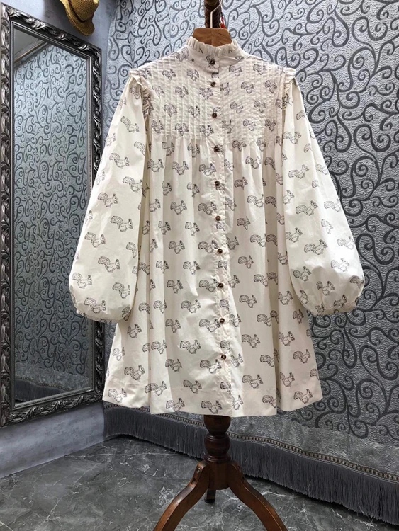 

2021 new women fashion small stand-up collar pleated stitching animal pattern lantern long-sleeved skirt dress 092