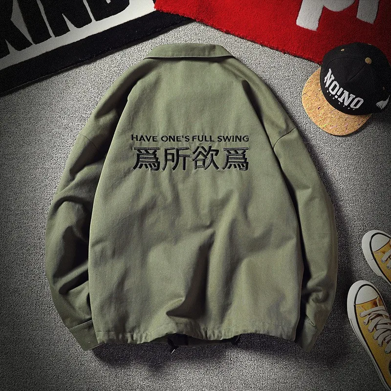 

Autumn New Embroidered Multi-Pockets Men High Street Casual Army Green Work Jacket Loose Fit Long Sleeve Outwear M-2XL