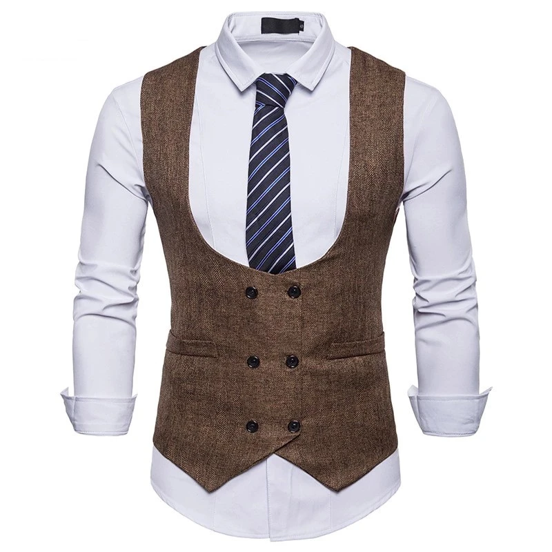 Customzie Double Breasted U-Neck Brown Tweed Vests Wool Herringbone British Style Waistcoat Men's Suit Slim Fits Coat W: 08