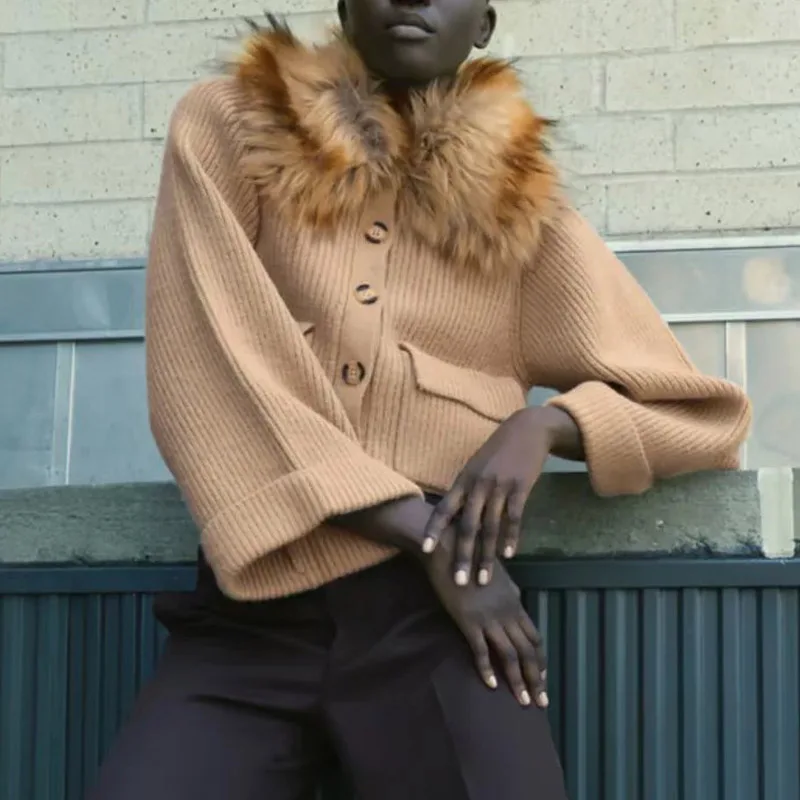 

KUMSVAG 2021 ZA Women Casual Knitting Cardigan Sweaters Coats Fur collar Single Breasted Female Elegant Fashion Street Sweater