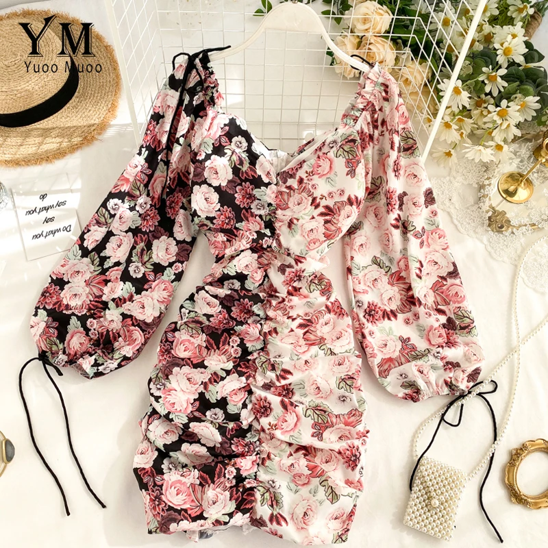 Модное мини платье YuooMuoo Ins с цветочным принтом и V образным вырезом женское