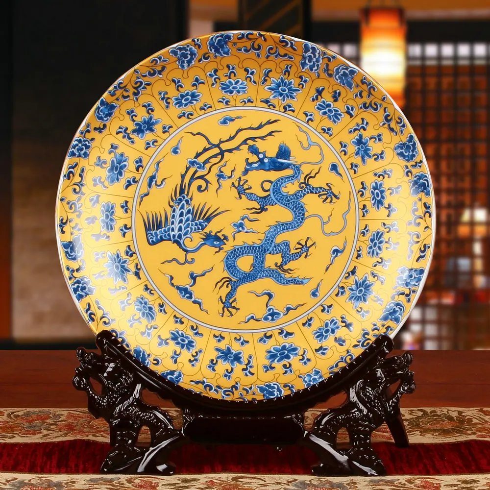 

Fengshui Royal Art Ceramic Ornamental Plate Dragons Plate Decoration Plate Wood Base Chicken Porcelain Plate Set Wedding Gift