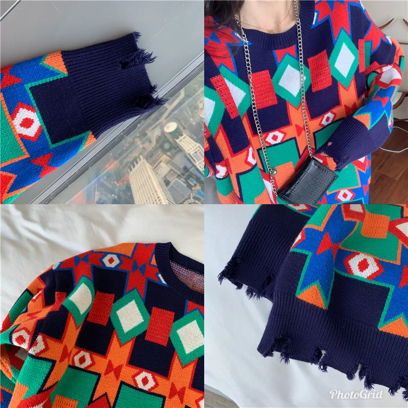 

knitted Irregular splice Geometric sweater women Pullovers Long sleeve Crew neck winter clothes women tops Leisure Fashion Hot