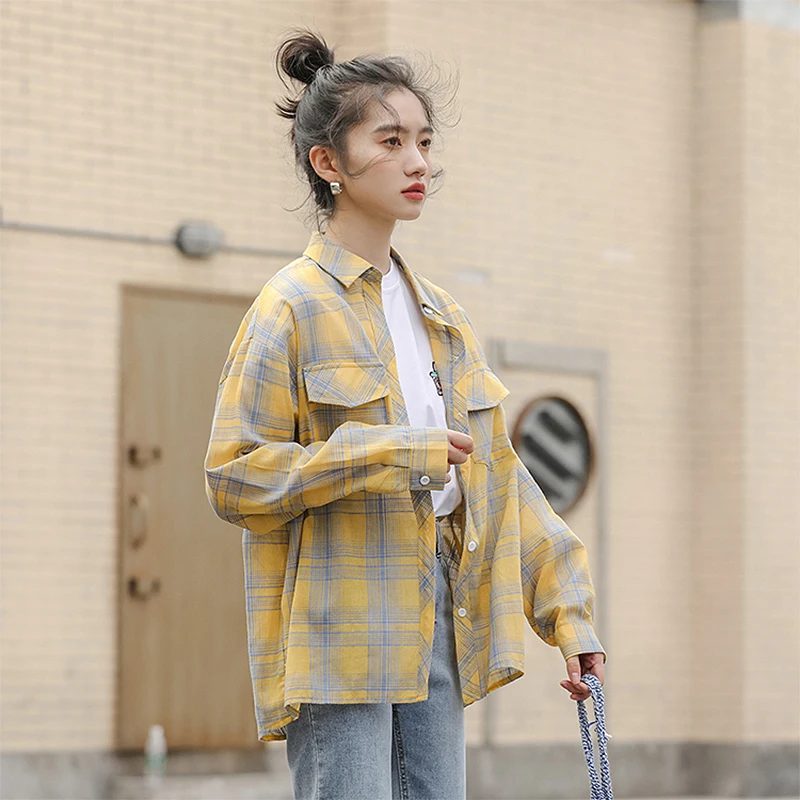 

BETHQUENOY Green Plaid Shirts Women Poleras Mujer Spring Lady Tops Cotton Blouses Chemise Femme Bluzka Damska 2021 Dames Kleding