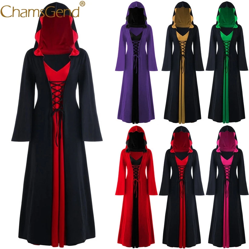 Женское готическое платье с капюшоном длинное перекрестной шнуровкой костюм для