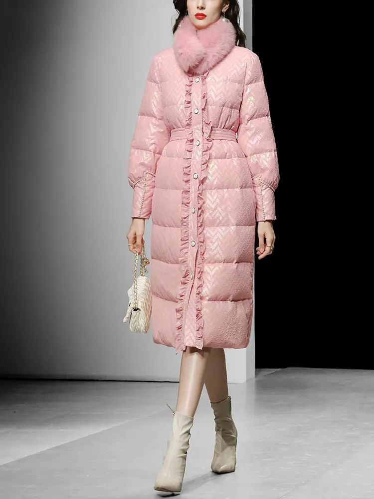 Women Winter Cotton Coat With Scarf  Vintage Sweet Lantern Sleeve Imitation White Duck Down Pink Mid-Length Jacket