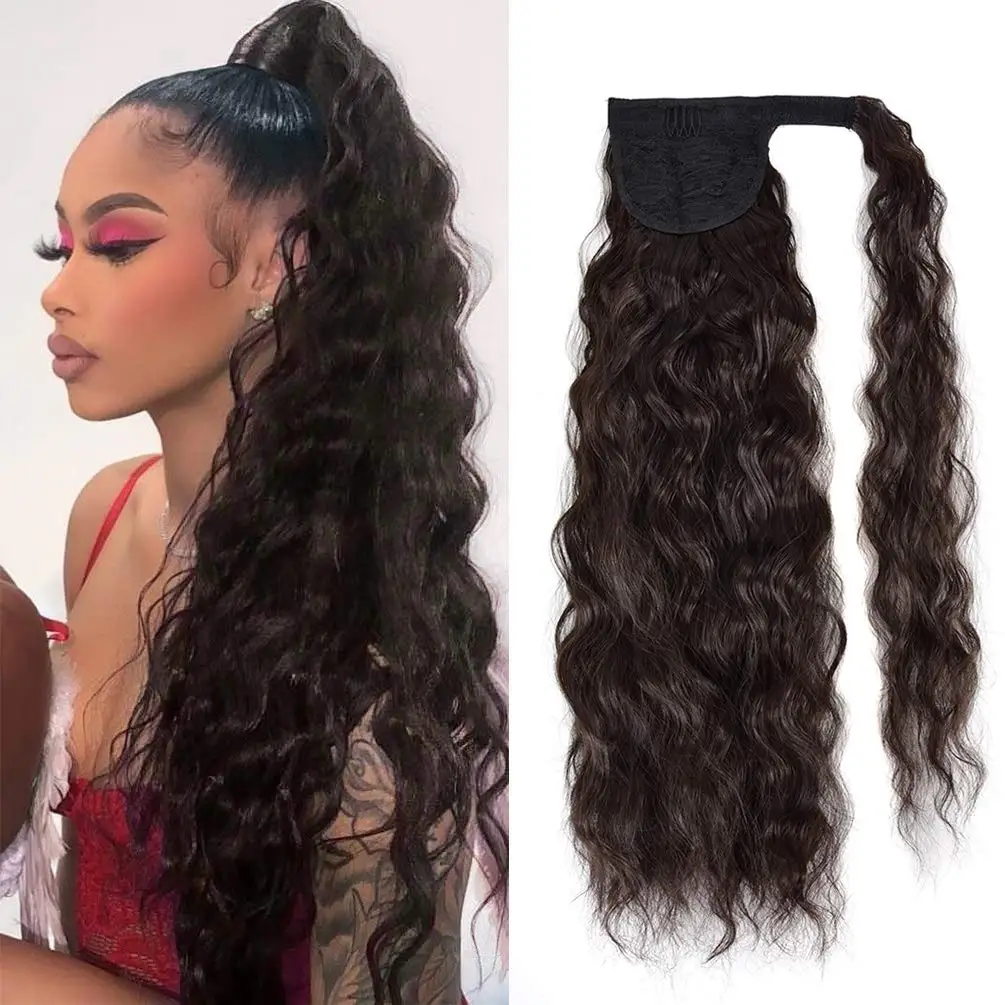 

Curly Long Ponytail Synthetic Hairpiece Wrap on Clip Hair Extensions Ombre Brown Pony Tail Blonde Fack Hair