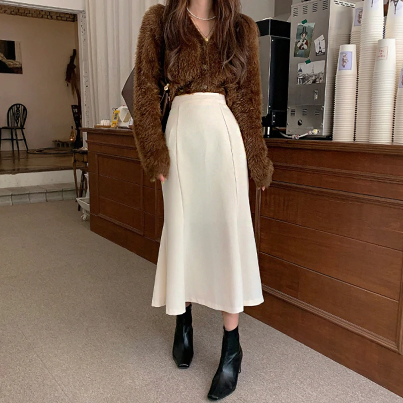 

Осенне-зимний корейский комплект из двух предметов, свитер с длинным рукавом и кардиган с высокой талией «рыбий хвост», длинные юбки для дам