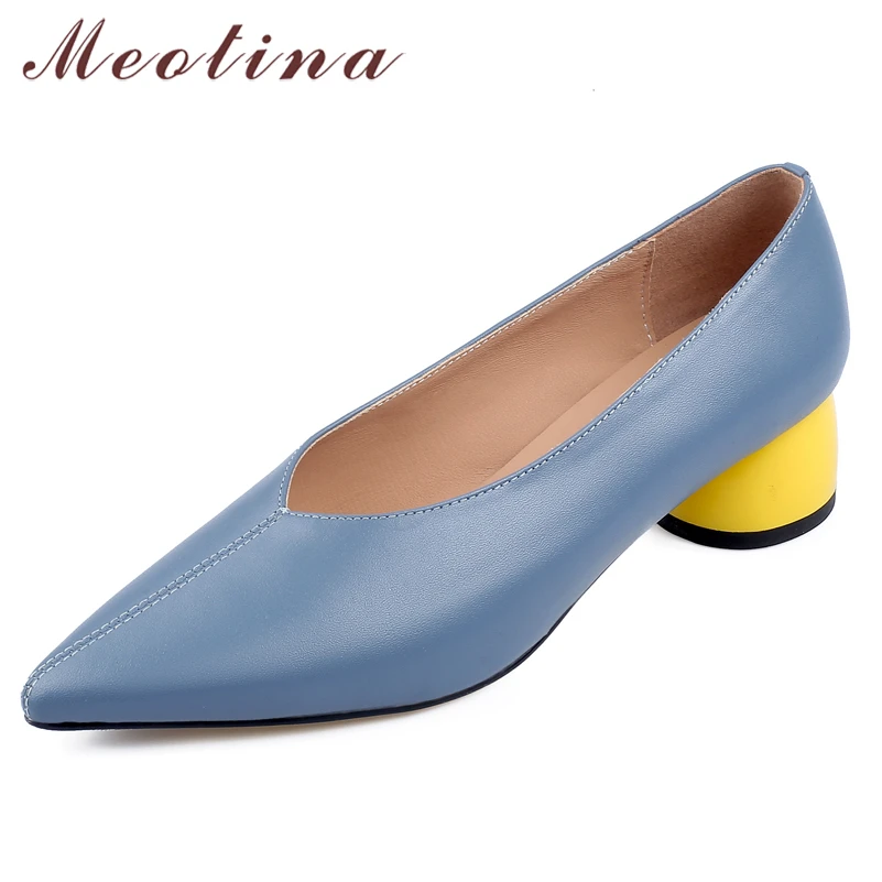 

Meotina Women Natural Genuine Leather Shoes Pointed Toe Med Heel Ladies Pumps Thick Heel Bag Footwear Spring Black Big Size 43