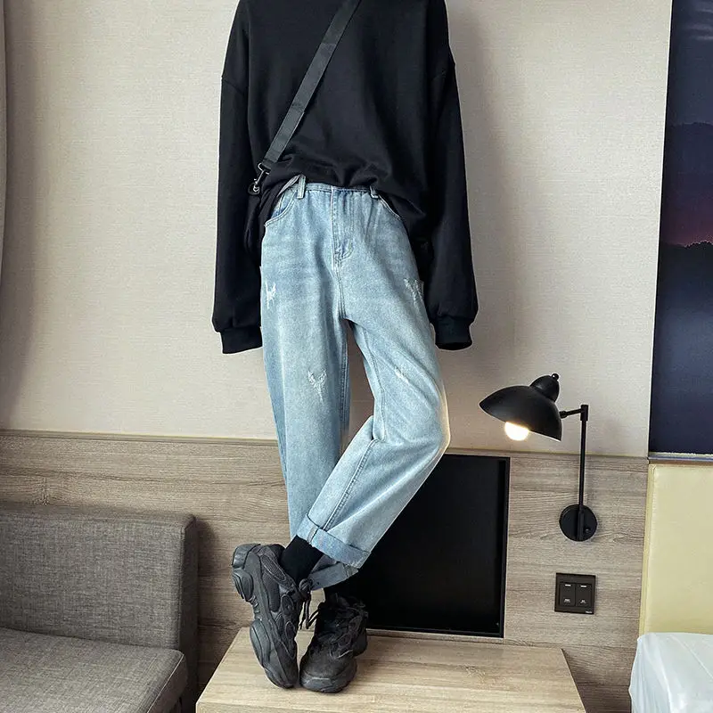 

Джинсы мужские рваные с широкими штанинами, модные повседневные брюки из денима в стиле ретро, Корейская уличная одежда в стиле хип-хоп, вес...