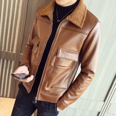 Новинка 2019 осенне зимняя кожаная приталенная куртка с меховым воротником в