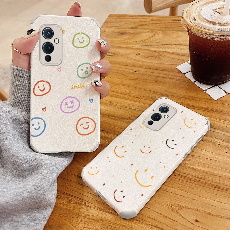

Happy Smiley Phone Case For Oneplus 9 9pro 8t 8 8pro Pro Lambskin Four Corners Stick Leather Cover