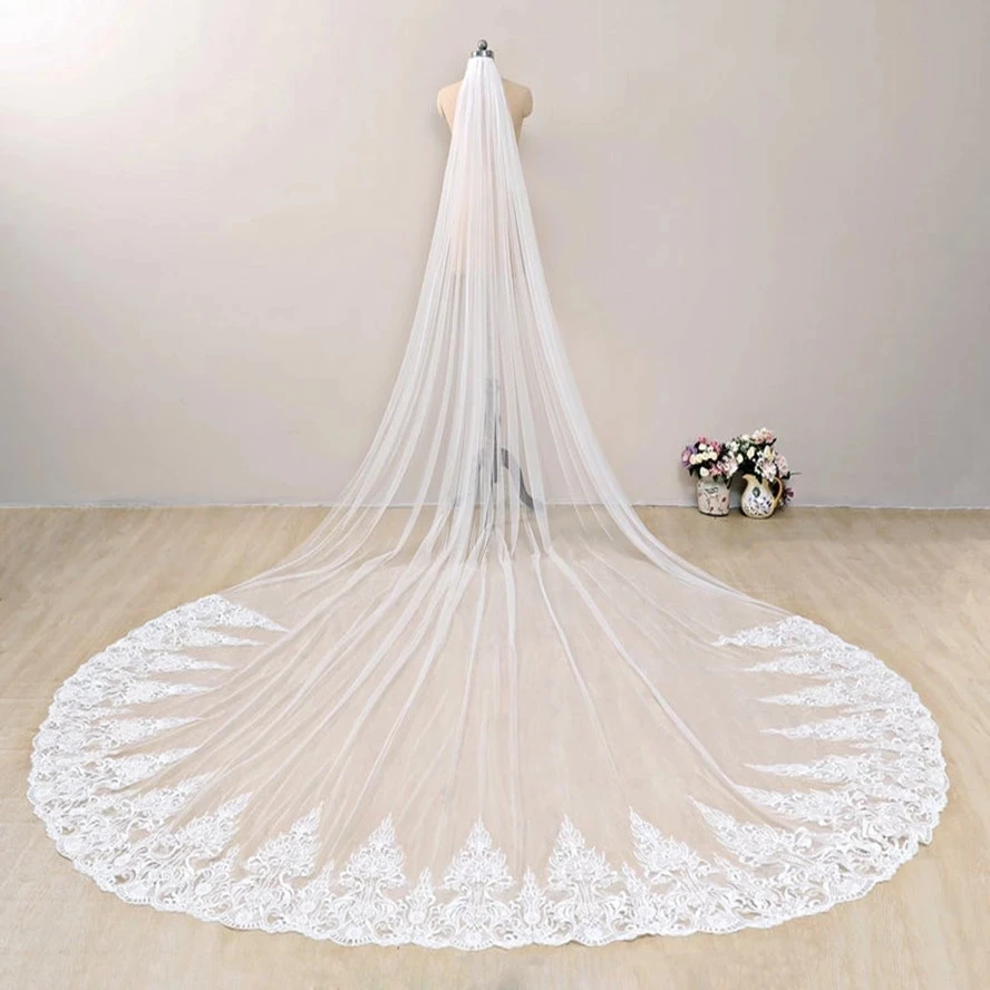 

White Ivory 3M 4M 5M Long Edge Lace Wedding Veil One Layer Tulle Bridal Veil with Comb Wedding Accessories Veu De Noiva