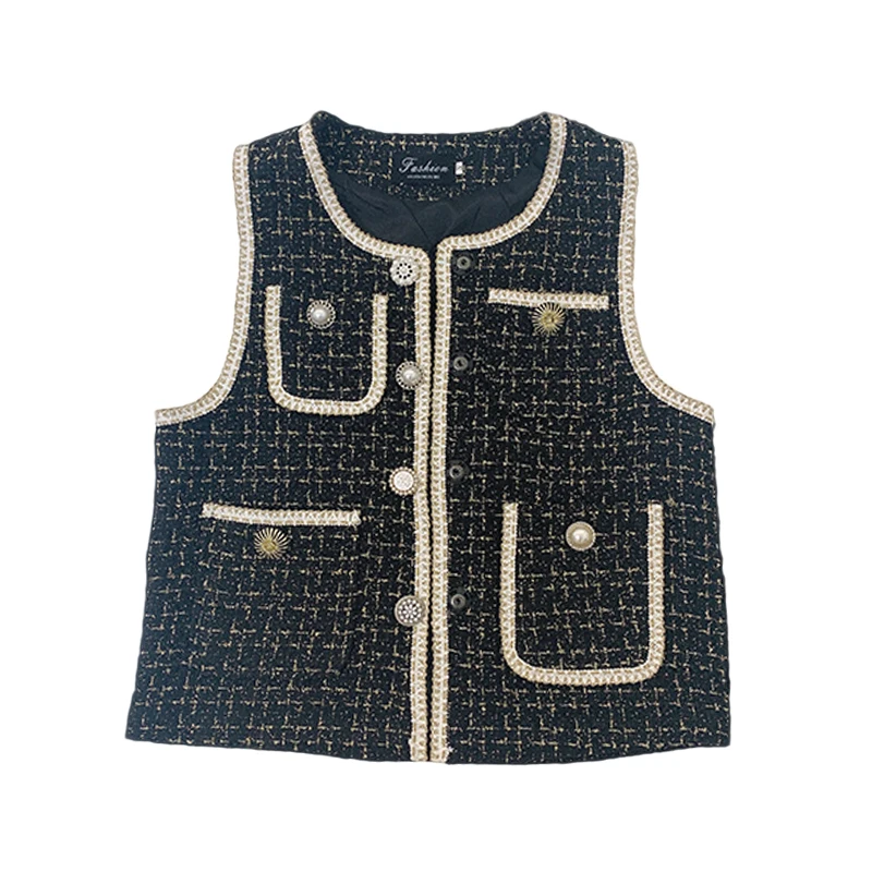 

Жилет женский шерстяной, в клетку, с бусинами, на весну и осень, 2021