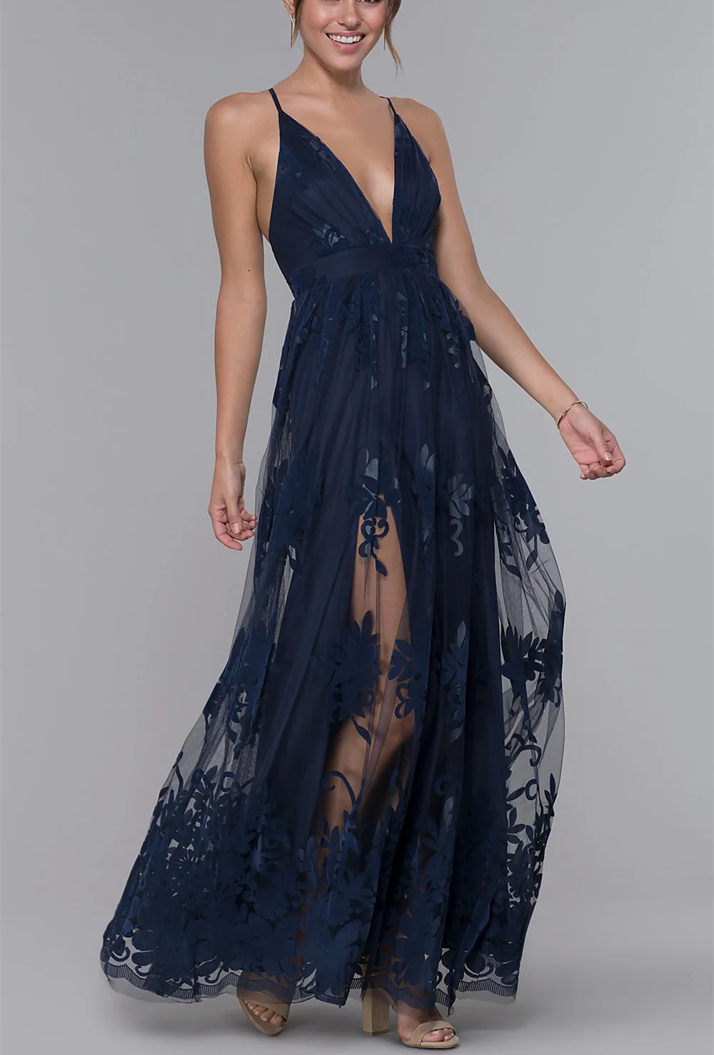 

sexy Long V-Neck Illusion Open-Back evening Dress with Print white-nude-dress robes de soirée navy tulle formal dress