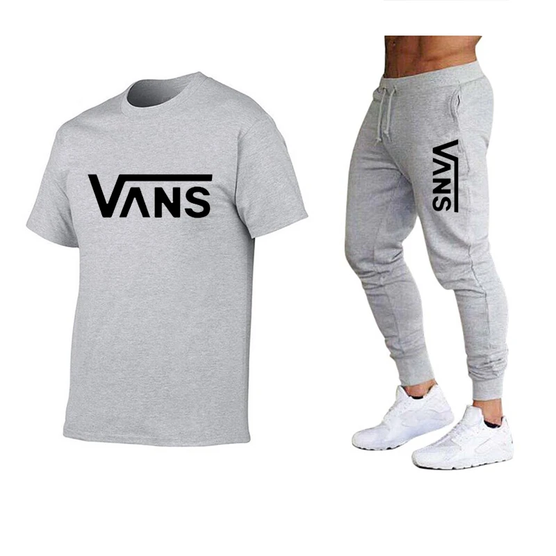 

Pure cotton men's T-shirt + trousers men's brand two-piece track and field sportswear casual T-shirt fitness sports suit men's