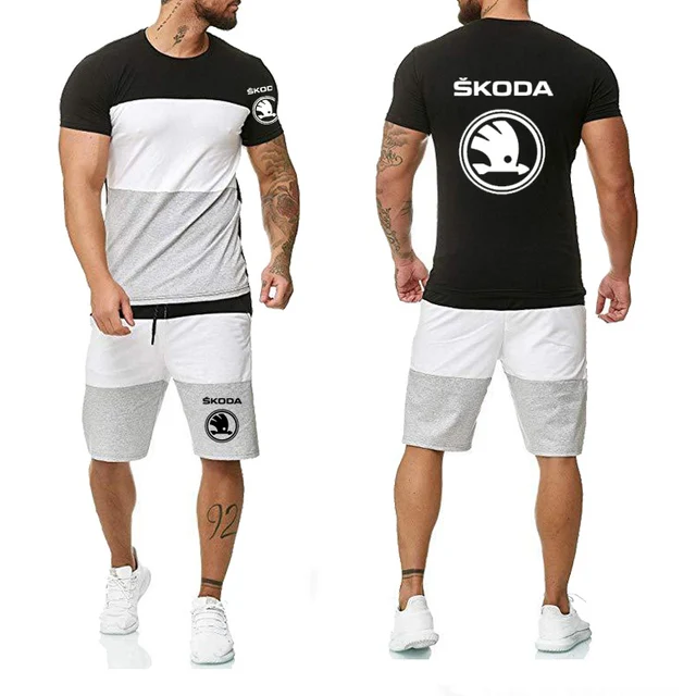 

New Fashion Summer Men T-Shirts Skoda Car Logo Print Shor Sleeve Casual Cotton Round Collar Men T-shirt+shorts 2pcs suit