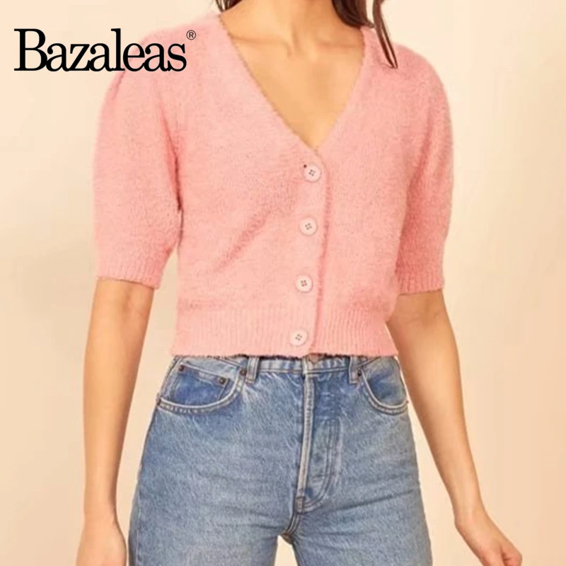 Bazaleas Fashion V Neck Center Buttons Women T shirts Yellow Knittd shirt Sleeve tshirt Slim Mohair womens T-shirt | Женская одежда