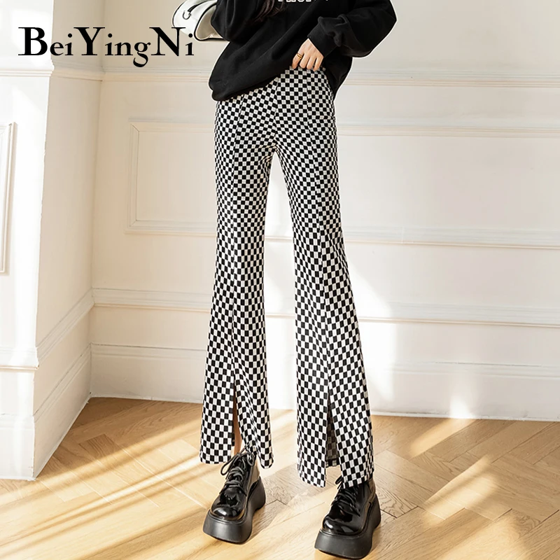 

Beiyingni 2022 Spring Summer Vintage Classic Wide Leg Pants Women Plaid Split High Waist Harajuku Trousers Female Plus Size Pant