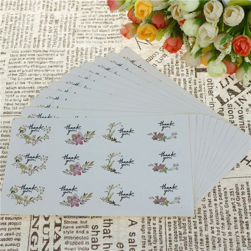 120pcs/set Oval Vintage Thank You Elegant Flower Ellipse Adhesive Kraft Seal Sticker For Baking Gift Label Stationery Stickers | Канцтовары