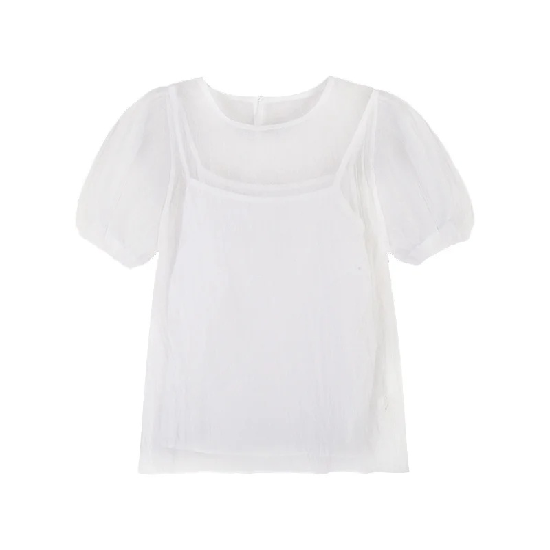 Белая шифоновая блузка с пышными рукавами женская летняя тонкая короткими