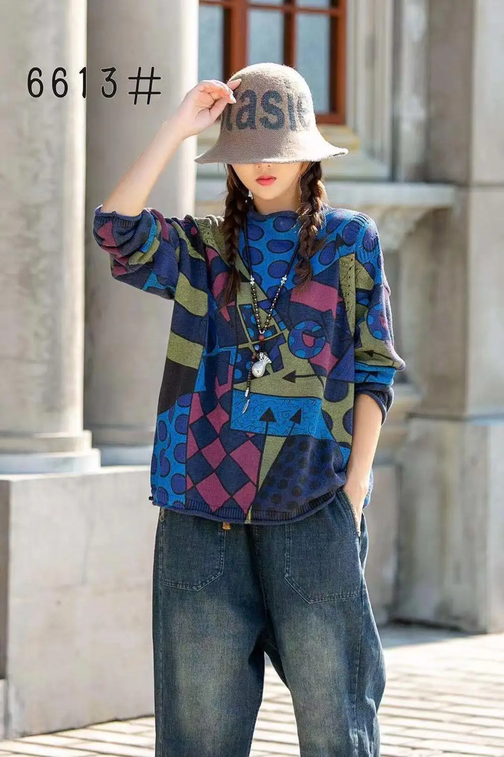 Литературный ретро Весна и осень новый с длинными рукавами Печатный свитер