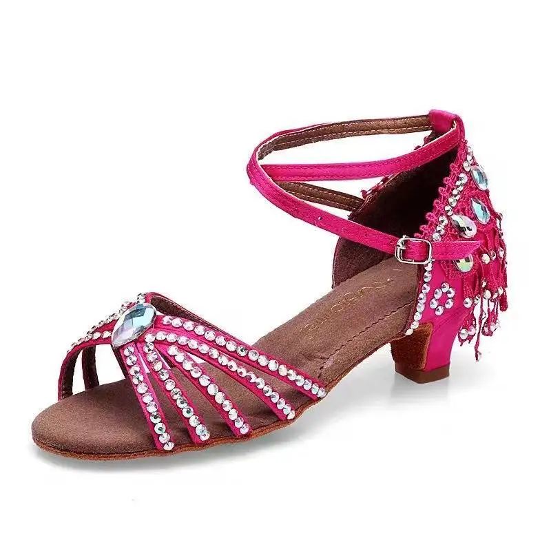 Танцевальные туфли для женщин на вечеринку танго из сатина с блестящими стразами для бального, балетного, сальса и латиноамериканского танца на каблуке 4 см.